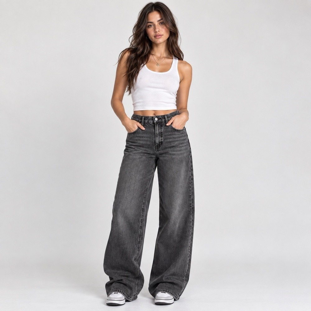 American Eagle Curvy 4 Long Black Baggy Wide Leg Jeans Super High Rise Y2K - Picture 2 of 16